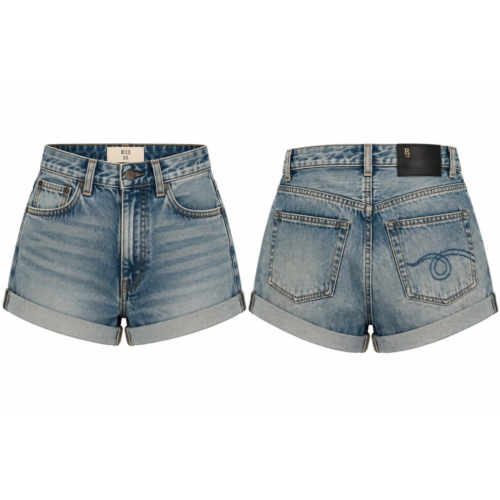 R13 High Rise Hailey Mini Cuffed Denim Shorts Jasper Blue Size 25 100% Cotton